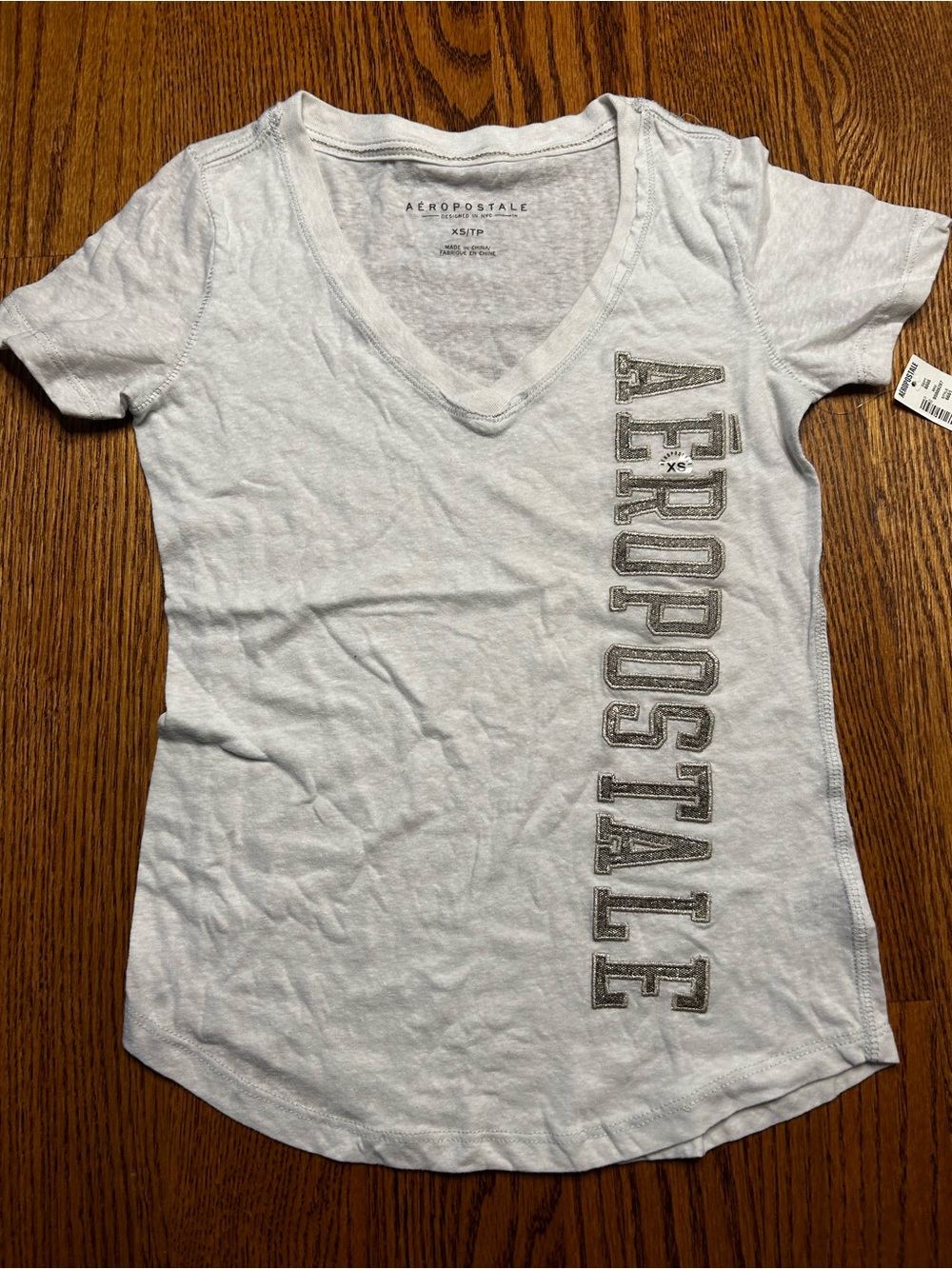 Aeropostale Women's White-off V-Neck Logo Tee